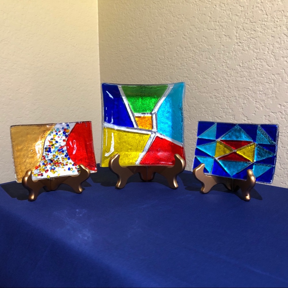 Multi colored art plate set of 3.  Dichroic glass.